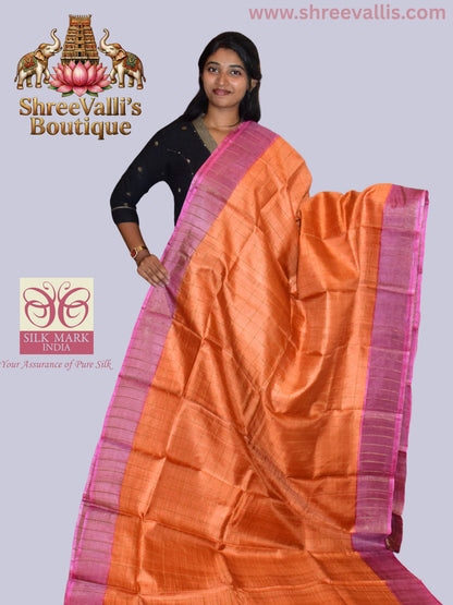 Warm Rust Checkered Pure Tussar Silk Saree with Floral Pallu
