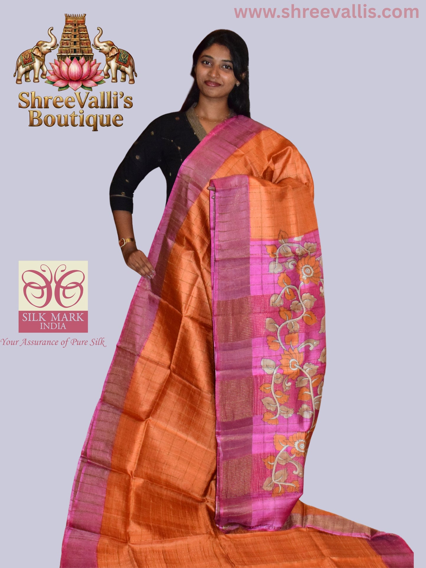 Warm Rust Checkered Pure Tussar Silk Saree with Floral Pallu