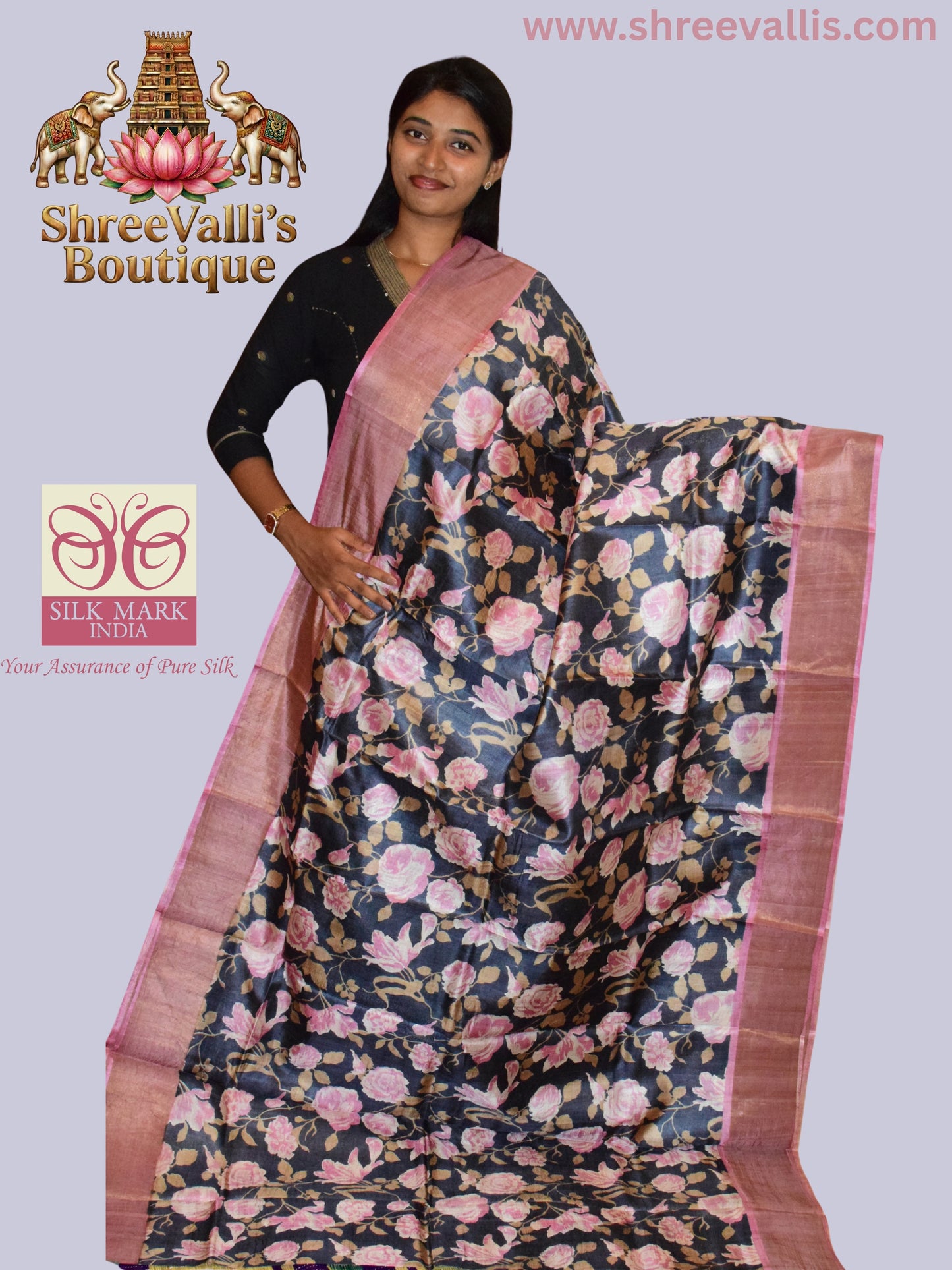Black & Pink Floral Pure Tussar Silk Saree with Zari Border