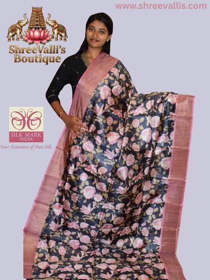 Black & Pink Floral Pure Tussar Silk Saree with Zari Border