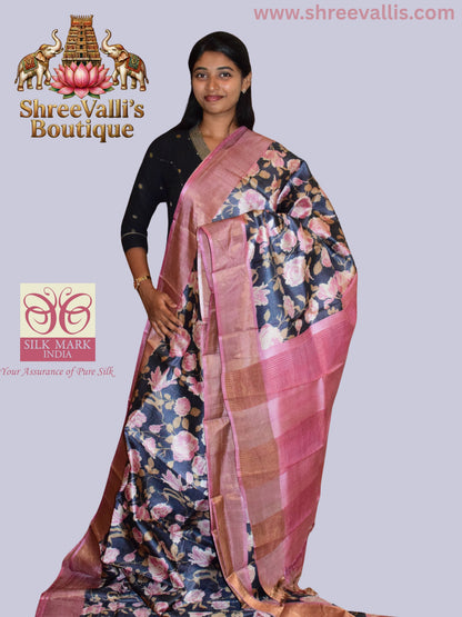 Black & Pink Floral Pure Tussar Silk Saree with Zari Border