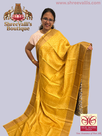 Radiant Mustard Yellow with White Buttas & Floral Pallu - Pure Tussar Silk Saree