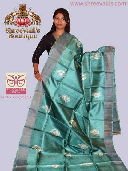 Teal Green Pure Tussar Silk Saree with white Leaf Motifs