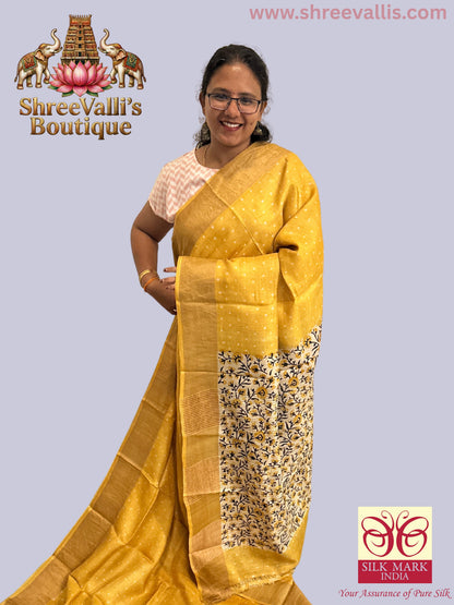 Radiant Mustard Yellow with White Buttas & Floral Pallu - Pure Tussar Silk Saree