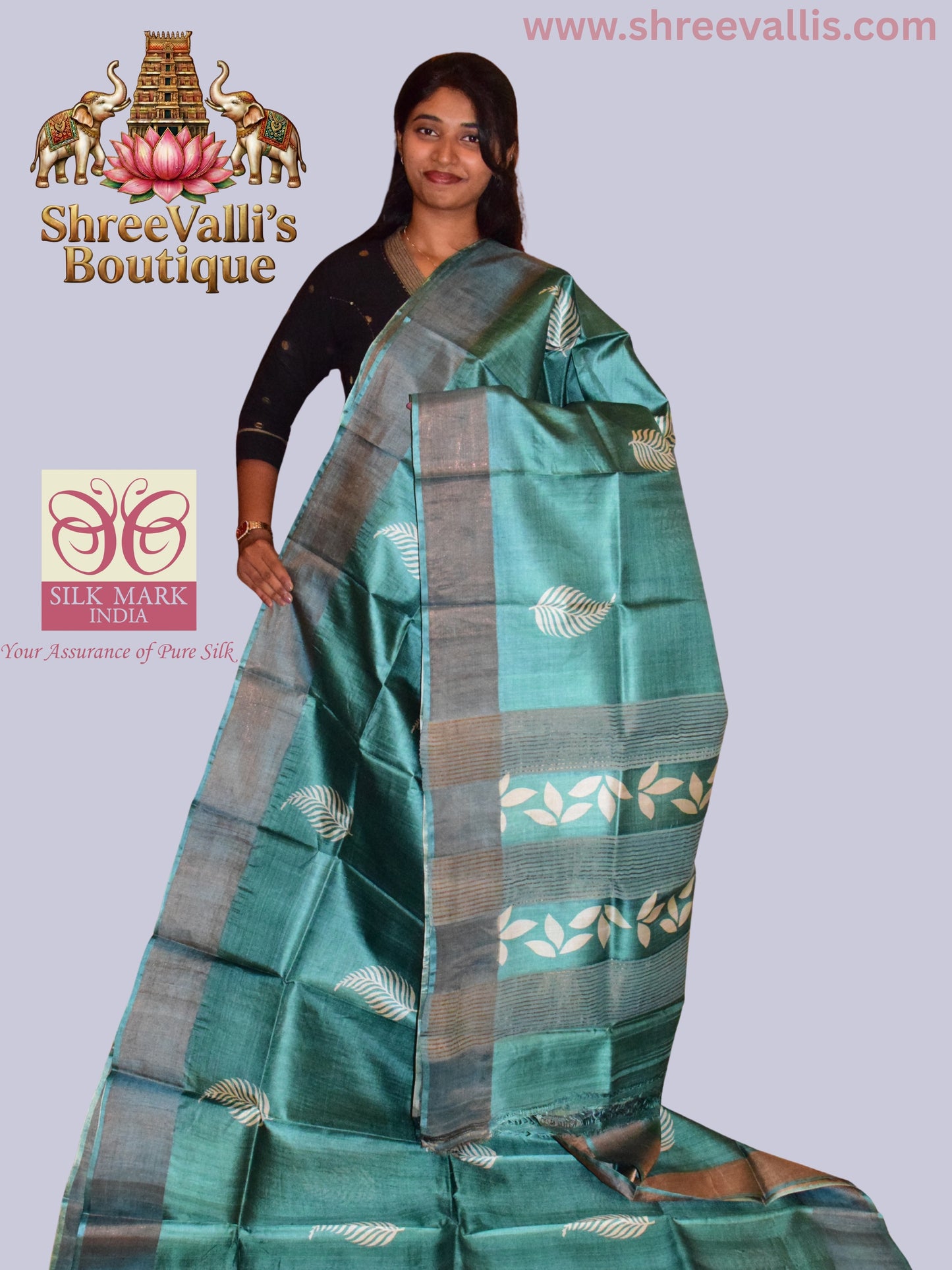 Teal Green Pure Tussar Silk Saree with white Leaf Motifs