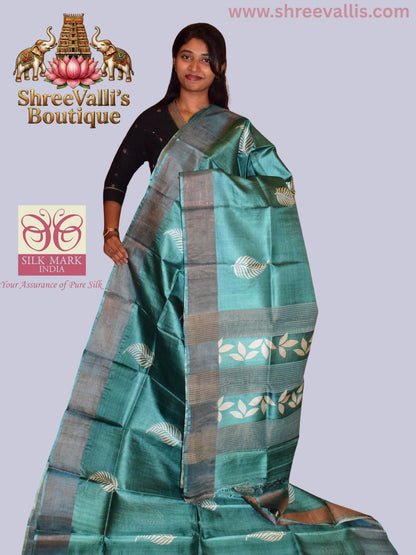 Teal Green Pure Tussar Silk Saree with white Leaf Motifs