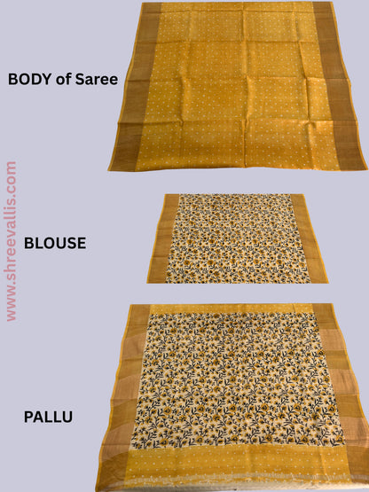 Radiant Mustard Yellow with White Buttas & Floral Pallu - Pure Tussar Silk Saree