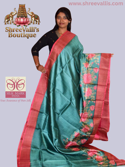 Teal Green Pure Tussar Silk Saree with Pink Floral Border