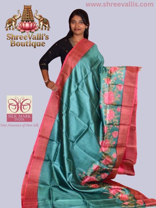 Teal Green Pure Tussar Silk Saree with Pink Floral Border
