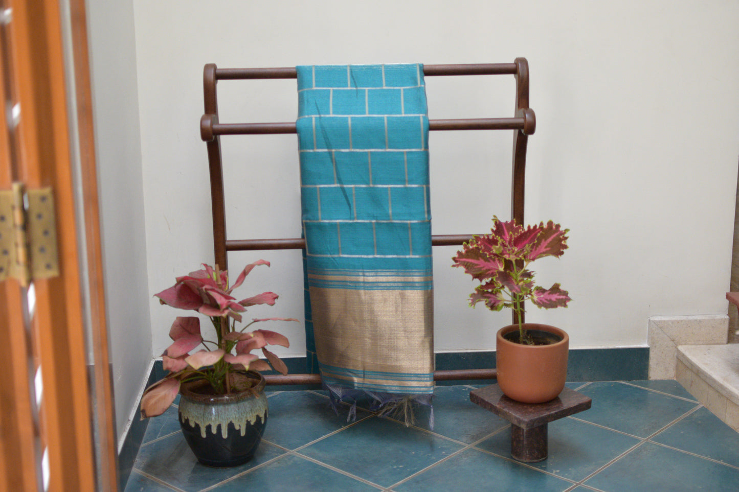 Festive Saree - Teal Semi Silk Checks