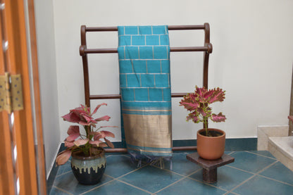 Festive Saree - Teal Semi Silk Checks