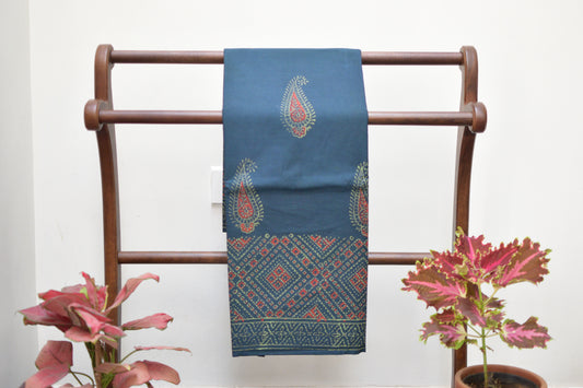 Mulmul Cotton Saree - Bluish-Green Color Motiffs