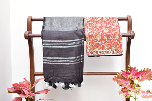 Linen Saree - Black colour - Silver Zari