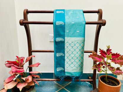 Festive Saree - Elegant Teal colour - Tissue Silk with Silver Butta