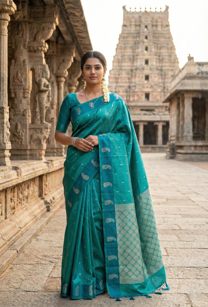 Festive Saree - Elegant Teal colour - Tissue Silk with Silver Butta