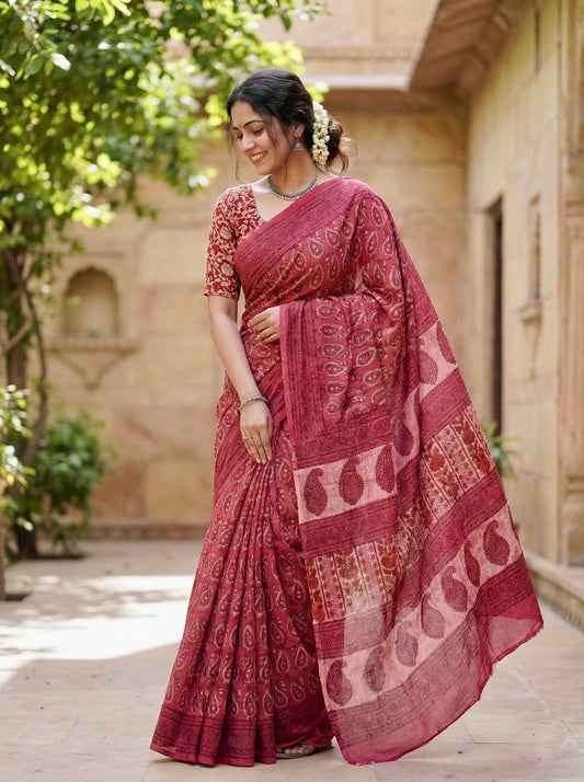 Mulmul Cotton Saree - Red Color Motiffs
