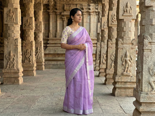 Linen Saree - Lilac colour - Silver Zari