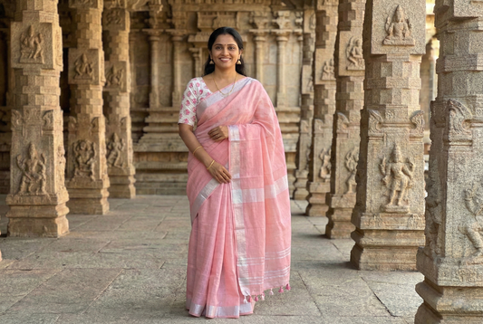 Linen Saree - Orange colour - Silver Zari