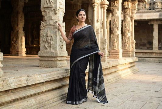 Linen Saree - Black colour - Silver Zari