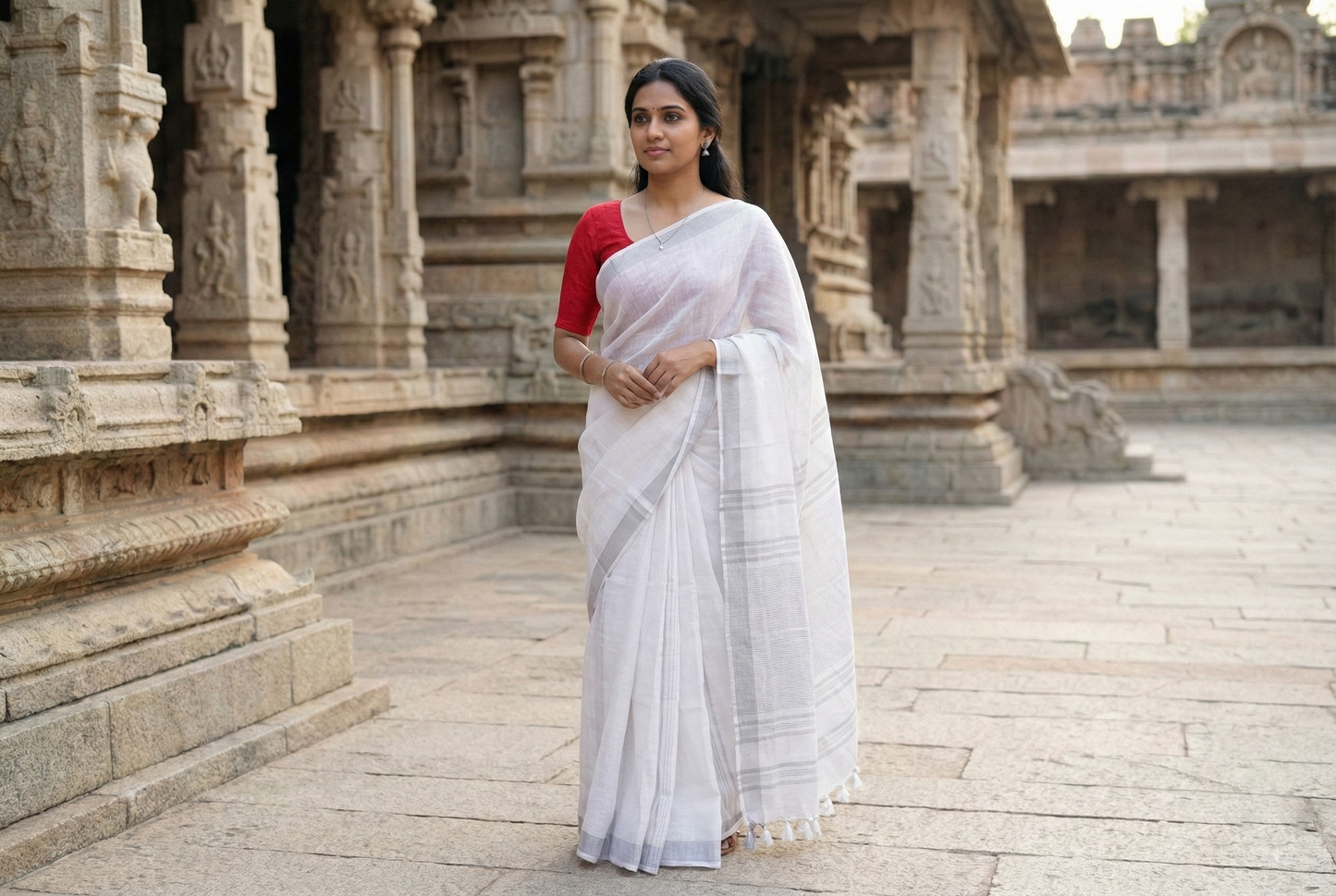 Linen Saree - White colour - Silver Zari (Copy)