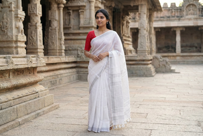 Linen Saree - White colour - Silver Zari (Copy)