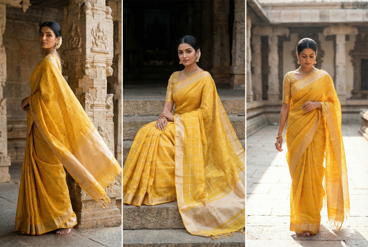 Festive Saree - Yellow Semi Silk Checks