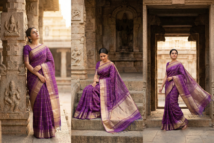 Festive Saree - Purple Semi Silk Checks