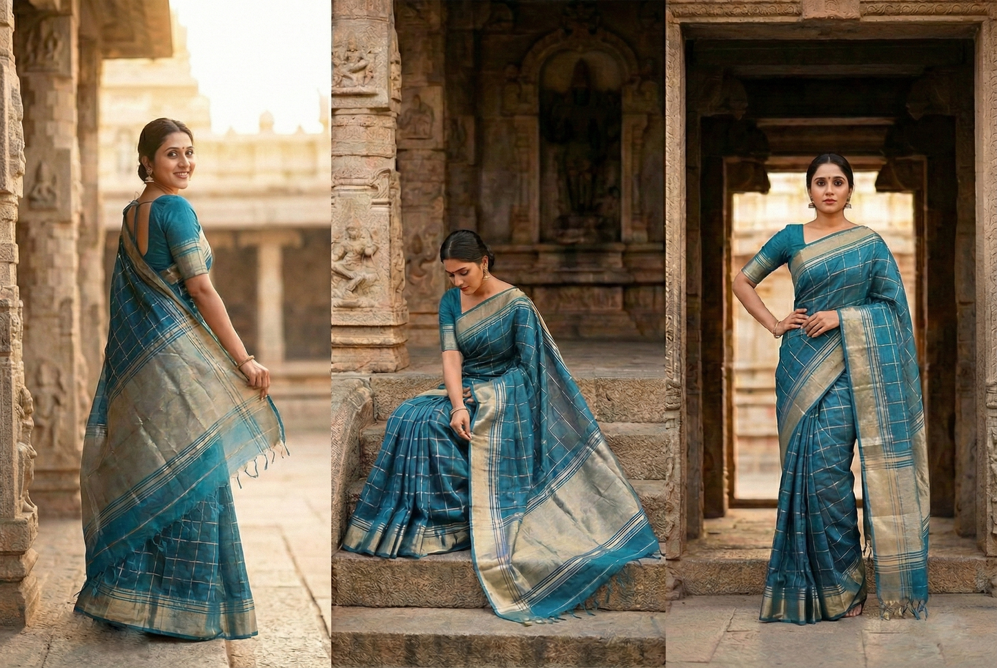 Festive Saree - Teal Semi Silk Checks