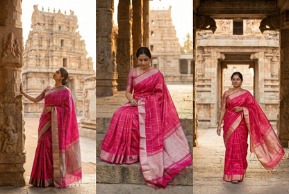 Festive Saree - Orange Semi Silk Checks
